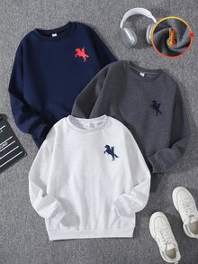 SHEIN 3件組兒童青少年男孩極簡街頭風小馬印花圓領衛衣，休閒學院風舒適時尚簡約實用百搭，柔軟面料，適合日常穿著、上學、旅行、戶外運動，四季皆宜 - 彩色 - 查看 4