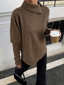 DAZY Women's Asymmetric Folded High Neck Long Sleeve Solid Color Side Slit Hem Loose Casual Commute Coffee Brown Knit Top T-Shirt, Autumn/Winter - Brown - View 2
