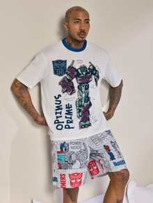 Transformers X SHEIN طقم ملابس منزلية للرجال بطبعة كرتونية، ملابس علوية قصير الأكمام وشورت بجيوب - ازرق وابيض - مشاهدة 4