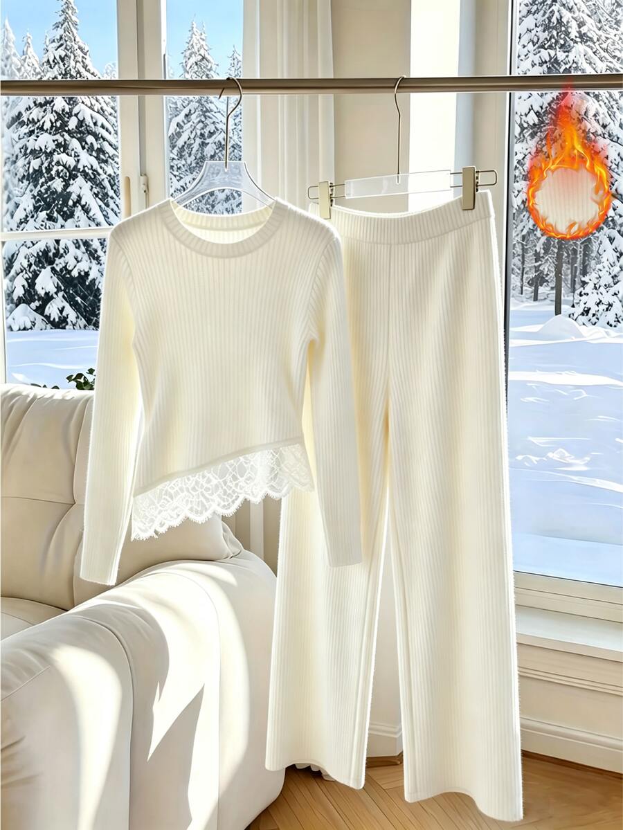 GlowEve Fall Clothes FOR WomenWomen's Autumn/Winter Casual Lace Patchwork Top & Pants 2 Pieces Set - Apricot - View 1