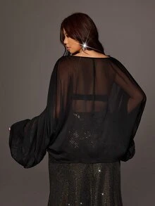 Viva Relle Blus Lengan Lentera Chiffon Hitam Transparan Ukuran Besar - Hitam - View 6