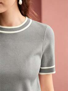 MOTF PREMIUM CONTRAST STRIPED BINDING SHORT SLEEVE KNIT TOP - Coffee Brown - View 1