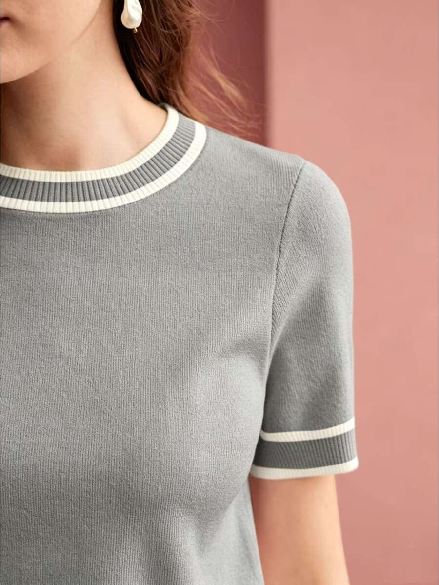 MOTF PREMIUM CONTRAST STRIPED BINDING SHORT SLEEVE KNIT TOP - Coffee Brown - View 1