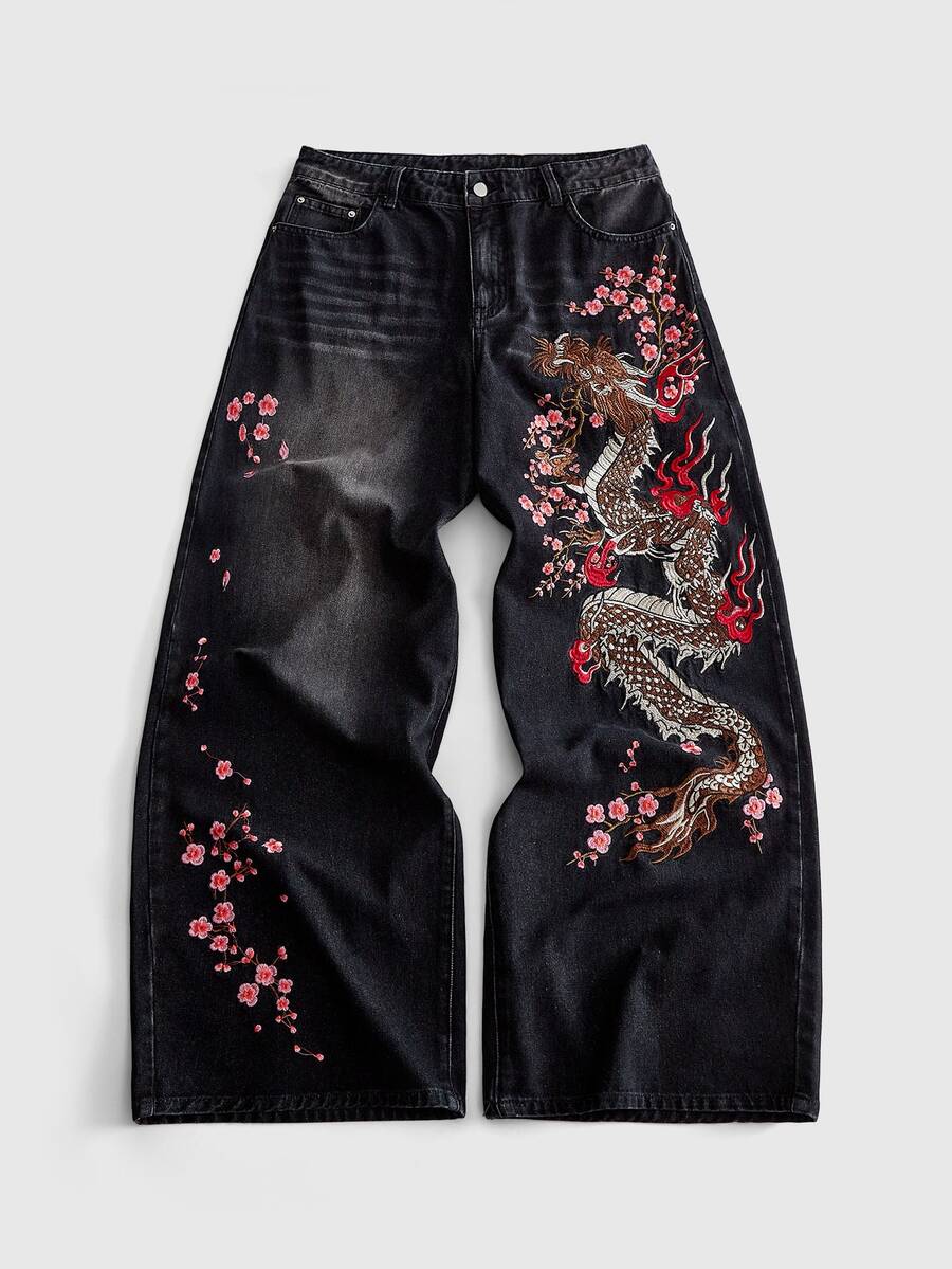 ROMWE MEN Men's Cherry Blossom Dragon Embroidery Jeans - Vintage Washed Loose Hip Hop Streetwear Pants - Black - View 1