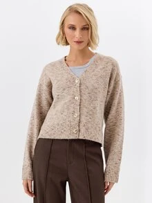 KÆRIA Hus Cropped V Neck Button Cardigan - Nep Heritage Knit - Oatmeal - Elegant, Casual, Luxury, Layering - Khaki - View 1