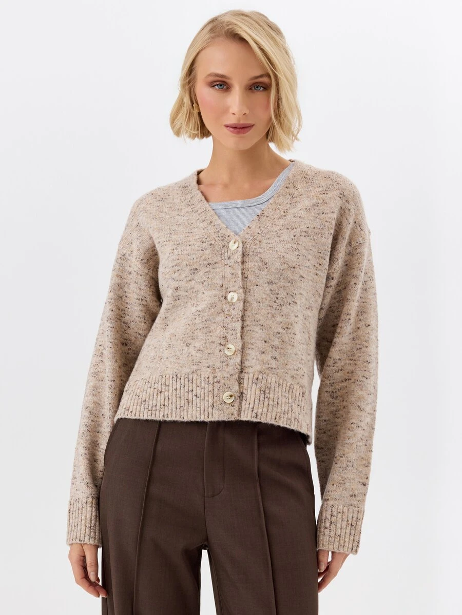 KÆRIA Hus Cropped V Neck Button Cardigan - Nep Heritage Knit - Oatmeal - Elegant, Casual, Luxury, Layering - Khaki - View 1