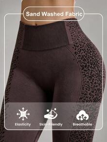 SHEIN BamGlam Coffee Brown Leopard Print Seamless Yoga, Running, Sports Leggings - Coffee Brown - View 3