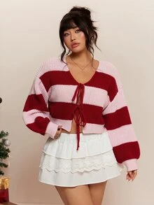 CovetEZ Autumn/Winter Christmas Red & Pink Contrast Bowknot Casual Plus Size Cardigan For Girls - Multicolor - View 4