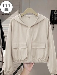 SHEIN 青少年女孩編織素色貼袋短版寬鬆休閒連帽外套，秋冬款，度假風 - 杏色 - 查看 9