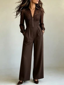 SHEIN جمبسوت نسائي أنيق بلون موحد مع دانتيل متباين وأكمام طويلة وجيب أمامي بسحاب - قهوة بني - مشاهدة 6