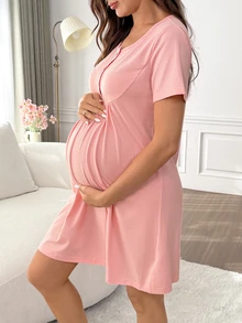 Moonlight&Mama Nursing Comfortable Soft Maternity Button Half-Front Short Sleeve Loungewear Dress - Dusty Pink - View 3