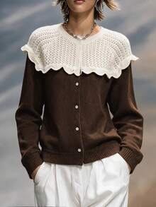 Omancia Women's French Vintage Contrast Color Hollow-Out Ruffle Collar Knit Cardigan - Coffee Brown - View 4