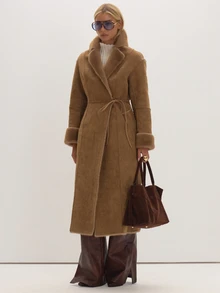 MUSEYN Beige Faux Fur Suede Maxi Coat Cosy Versatile Everyday Casual Fall - Khaki - View 6