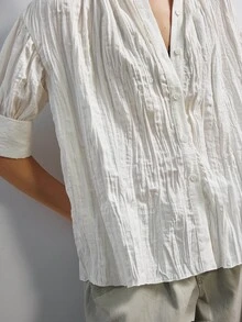 MERLEAU Women's Modern White Pleated Casual Loose Fit Shirt - White - View 7