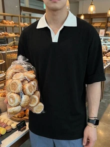 DAZY 男士短袖 Polo 衫 黑白對比色羅紋領通勤 T 恤 - 黑色 - 查看 10