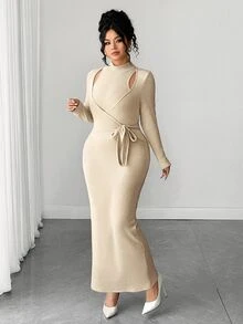 Elenzga Gaun Panjang Bodycon Rajut Bergaris Halus Ukuran Besar Musim Gugur/Dingin, Elastis, Nyaman, Lengan Panjang, Desain Ikat Pinggang, Pakaian Dalam Elegan untuk Perjalanan Musim Gugur - Khaki - View 3