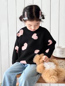 SHEIN 少女時尚可愛提花長袖針織衫，適合週末出遊 - 黑色 - 查看 6