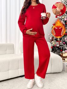 SHEIN Maternity Solid Color Crew Neck Long Sleeve Sweatshirt And Pants Casual 2 Pieces Set - Red - View 1