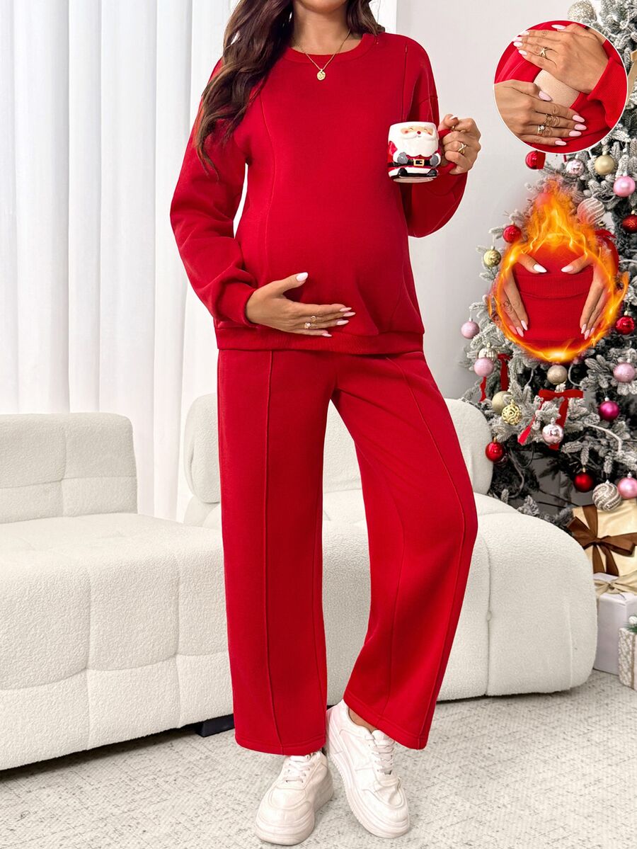 SHEIN Maternity Solid Color Crew Neck Long Sleeve Sweatshirt And Pants Casual 2 Pieces Set - Red - View 1