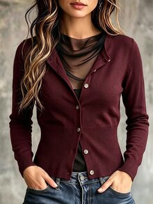 SHEIN كارديجان نسائي محبوك بلون موحد وأكمام طويلة وأزرار أمامية كاجوال - عنابي اللون - مشاهدة 1