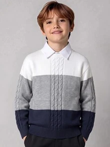 SHEIN Kids Tween Boy Casual Crew Neck Colorblock Sweater, Suitable For Autumn/Winter, Commuting, School, Daily Casual Wear, Sports - White - View 4