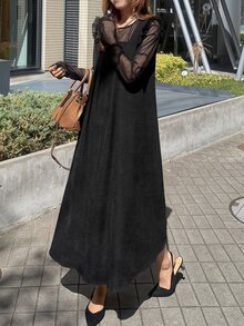 FRIFUL Women's Solid Color Pleated Round Neck Flutter Sleeve Loose Long Dress - Black - View 1