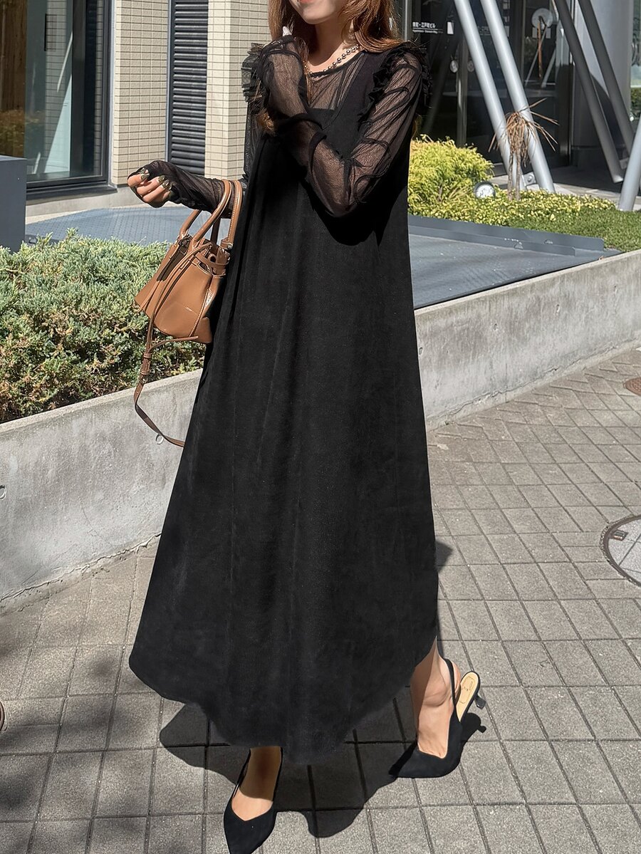 FRIFUL Women's Solid Color Pleated Round Neck Flutter Sleeve Loose Long Dress - Black - View 1