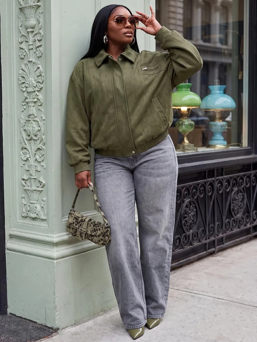 Slaydiva Plus Size Women's Jacket, Olive Faux Suede Cropped Cargo Bomber Coat With Zip Pocket