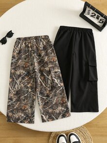 SHEIN 2件組青少年男孩休閒運動可愛日常舒適街頭風百搭印花直筒褲與黑色純色口袋工裝褲，適合外出、上學、日常聚會，適用秋冬季節 - 彩色 - 查看 6