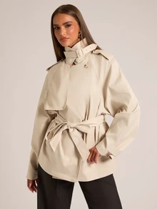 SHEIN BAE Women's Solid Color Raglan Sleeve Casual Trench Coat Jacket - Apricot - View 4