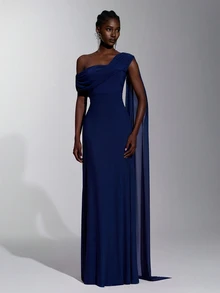 Elitara Gaun Panjang Model A-Line Elegan Berwarna Merah dengan Detail Kerut dan Hiasan Jala Angora, Satu Bahu, untuk Wanita, Cocok untuk Pernikahan, Acara Formal, dan Gaun Pengiring Pengantin. - Navy Blue - View 5