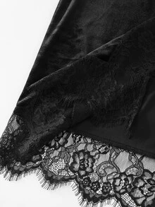 CHARMVALE Autumn/Winter New Elegant Lace Trim Spliced Velvet Women's Skirt - Black - View 7