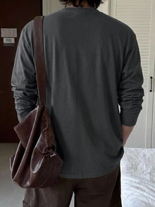 DAZY Men's Spring/Autumn Long Sleeve Knitted Fabric Crew Neck T-Shirt With Chest Pocket And Patch Design, Base Layer And Outerwear - Dark Grey - View 2