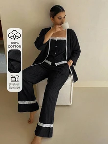 DAZY 3件組度假風女款睡衣套裝，3D波點紋理布料 - 黑色 - 查看 1