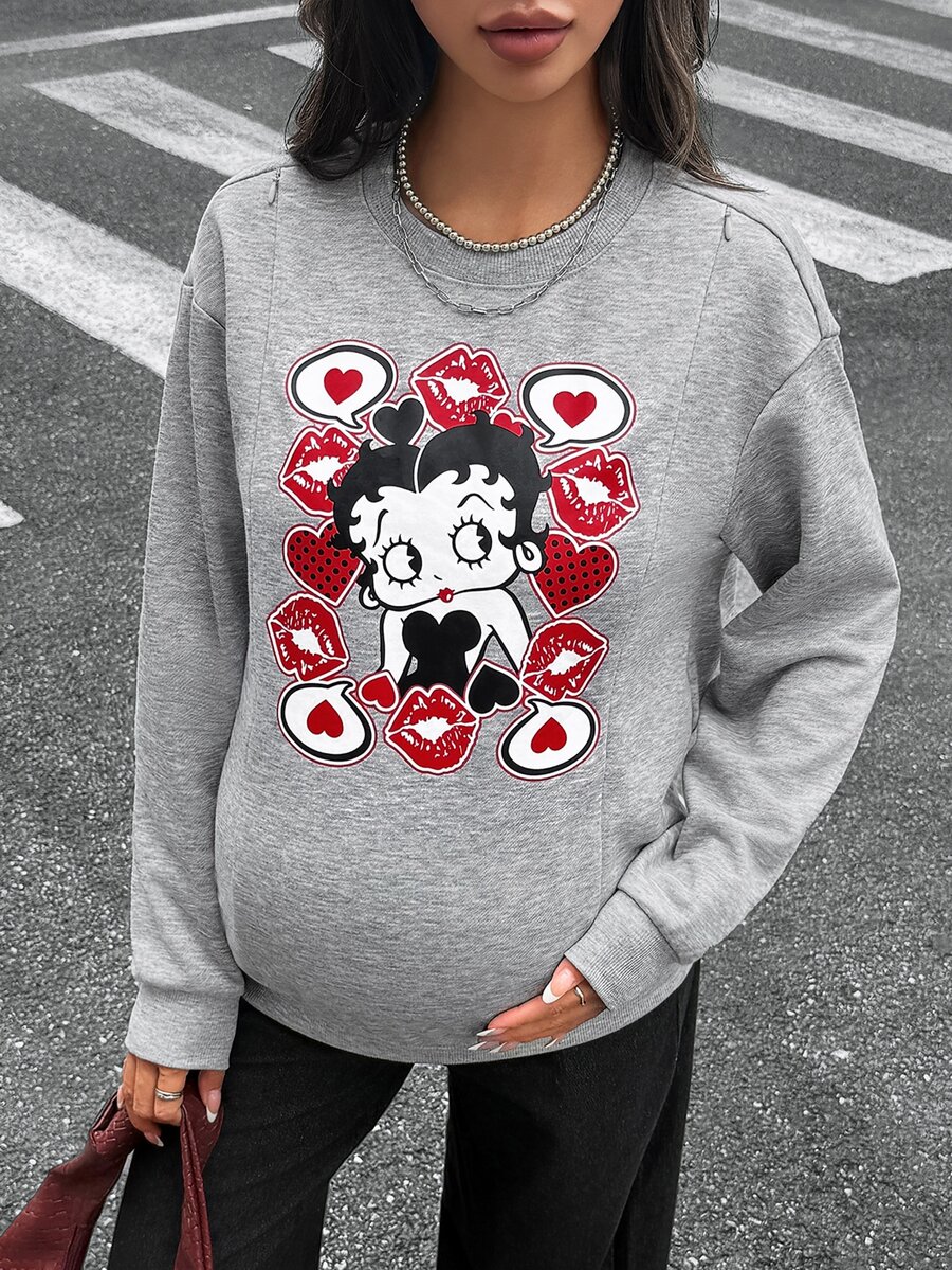 Lyckli Betty Boop x SHEIN Maternity Cartoon Pattern Casual Daily Long Sleeve Sweatshirt - Light Grey - View 1