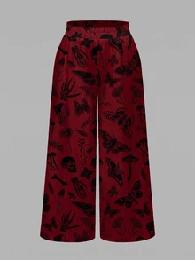 ROMWE Goth 神秘女巫哥德宮廷風暗黑骷髏蛾植物蝴蝶結蘑菇葉片大尺碼全印花寬鬆寬腿褲 - 紅色 - 查看 5
