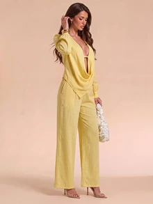 Bluhae Fashionable New Autumn Sexy Cowl Neck Long Sleeve Blouse & Straight Leg Pants Women's Set - Yellow - View 3