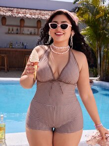 Swim Mod Plus Size Women's Sweet Cute Minimalist Beach Vacation Random Print Plaid Halter Tie Bikini Set 2 Pieces - Multicolor - View 5