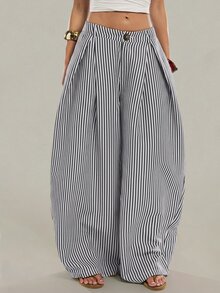 SHEIN Tall Apricot Striped Wide-Leg Trousers For Tall Women – Stylish, Casual, And Suitable For Work. - Navy Blue - View 6