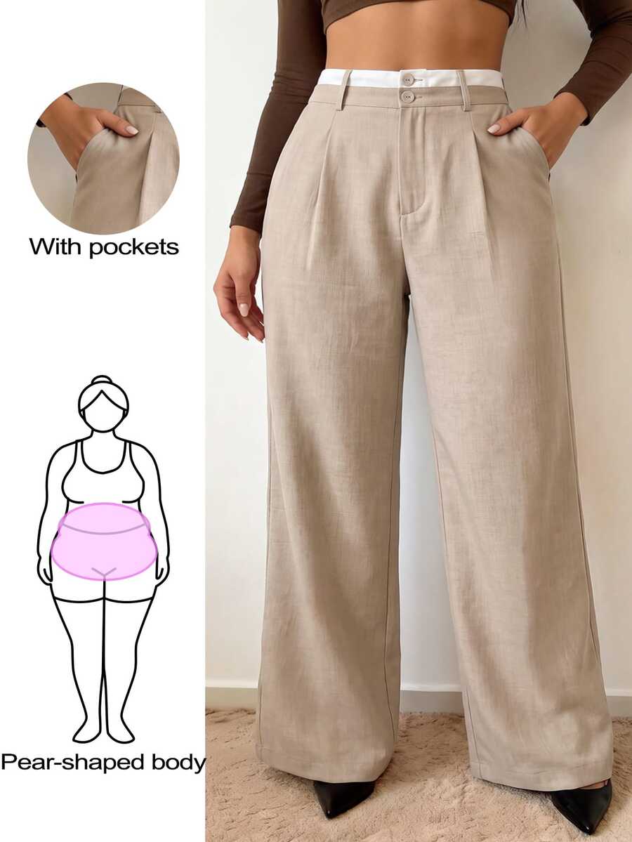 SHEIN CURVE+ Plus Size Women's Colorblock Waist Straight Leg Pants Fall - Multicolor - View 1
