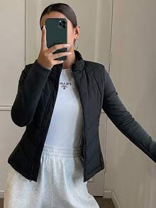 DAZY 女款秋冬修身腰部拼接加厚夾克外套 - 黑色 - 查看 5