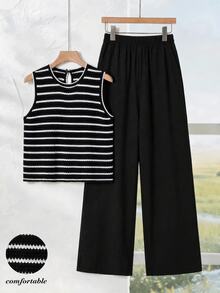Rusticease Women's Striped Round Neck Tank Top And Wide Leg Pants Casual 2 Pieces Set - Black - View 1