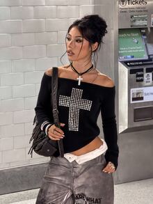 StreetHx Women's Autumn/Winter Fashion Street Sweet Cool Lazy Elegant Party Gathering Rhinestone Asymmetrical Shoulder Sweater - Black - View 3