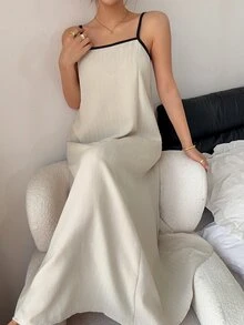Napfluff Solid Color Casual Loose Contrast Color Spaghetti Strap Women's Loungewear Dress - Apricot - View 6