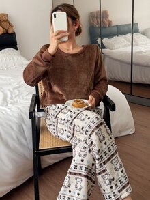 Napfluff Cute Solid Color Plush Round Neck Long Sleeve Bear Striped Watermark Plush Pants 2 Pieces Set - Brown - View 7