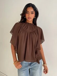 Aloruh 棕色優雅度假風波西米亞荷葉邊下擺不對稱A字女款上衣，適合外出穿著 - 棕色 - 查看 3