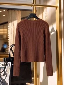 GlowEve CURVE Plus Size Vintage Brown Ribbed Crew Neck Metal Button Twist Knot Pullover Sweater - Brown - View 2