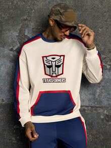 Transformers X SHEIN طقم كاجوال يومي للرجال مكون من سويت شيرت بأكمام طويلة مطبوع عليه حروف وبنطلون رياضي - كاكي - مشاهدة 4