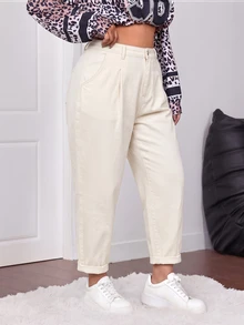 Firerie Plus Size Casual Versatile Solid Color Jeans - Khaki - View 1