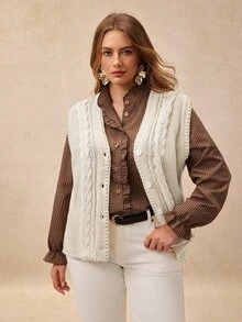 Écloséra Curve Plus Size Women's Elegant Versatile Twisted Rope Cable Knit Button V-Neck Sleeveless Vest Cardigan, Suitable For Outings, Dates, Daily Wear - Apricot - View 1